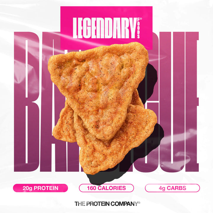 BBQ Protein Chips with 'Legendary' branding on a pink and white background