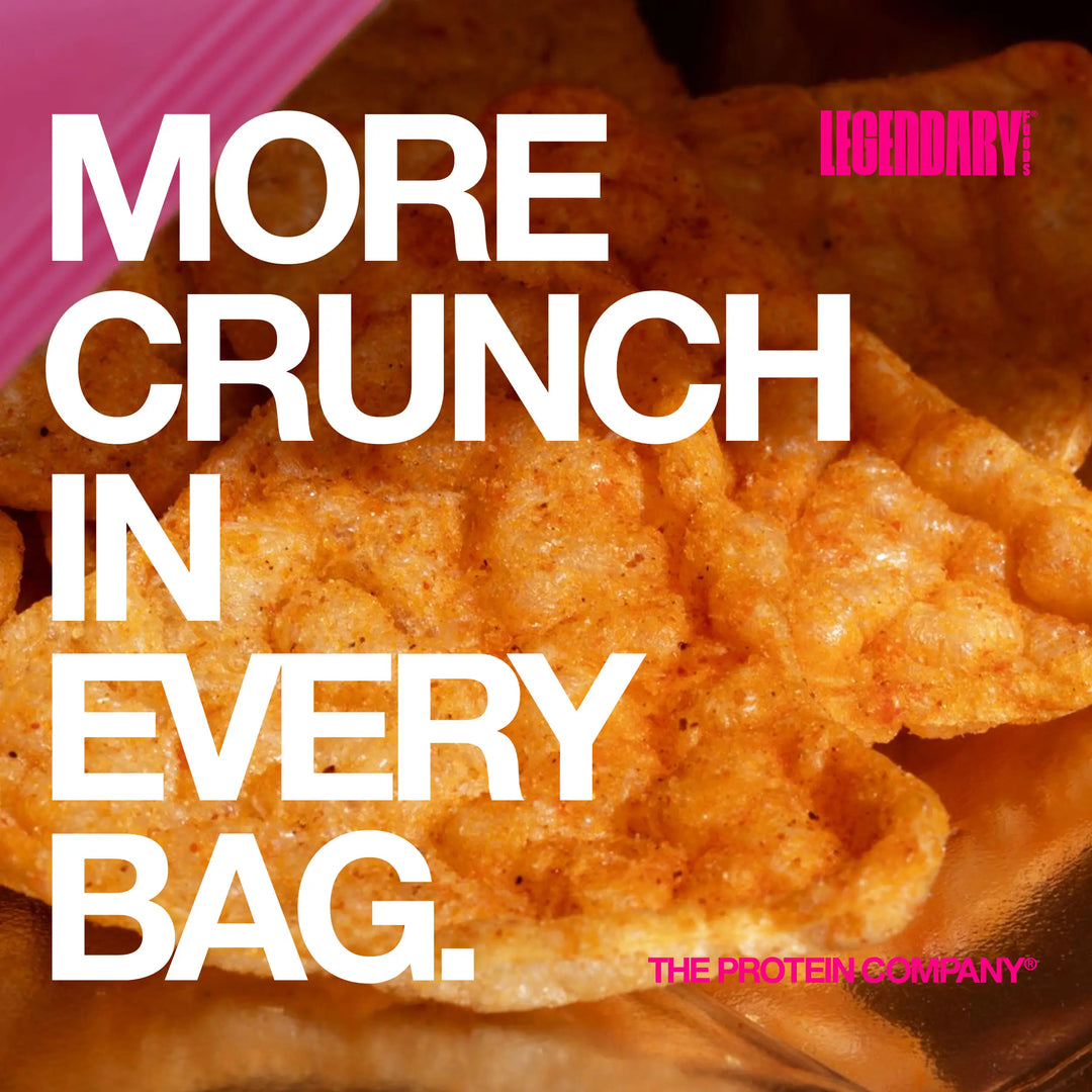 Protein chip packaging with text 'More crunch in every bag' and brand logo above the tagline "The Protein Company®"