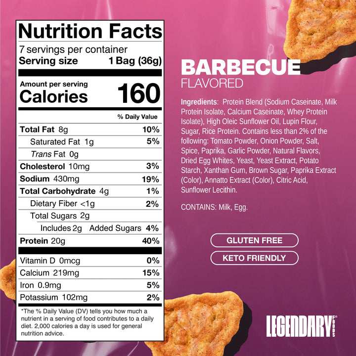 Nutrition facts label and ingredients list for barbecue flavored protein chips on a pink background with 'Legendary' branding.