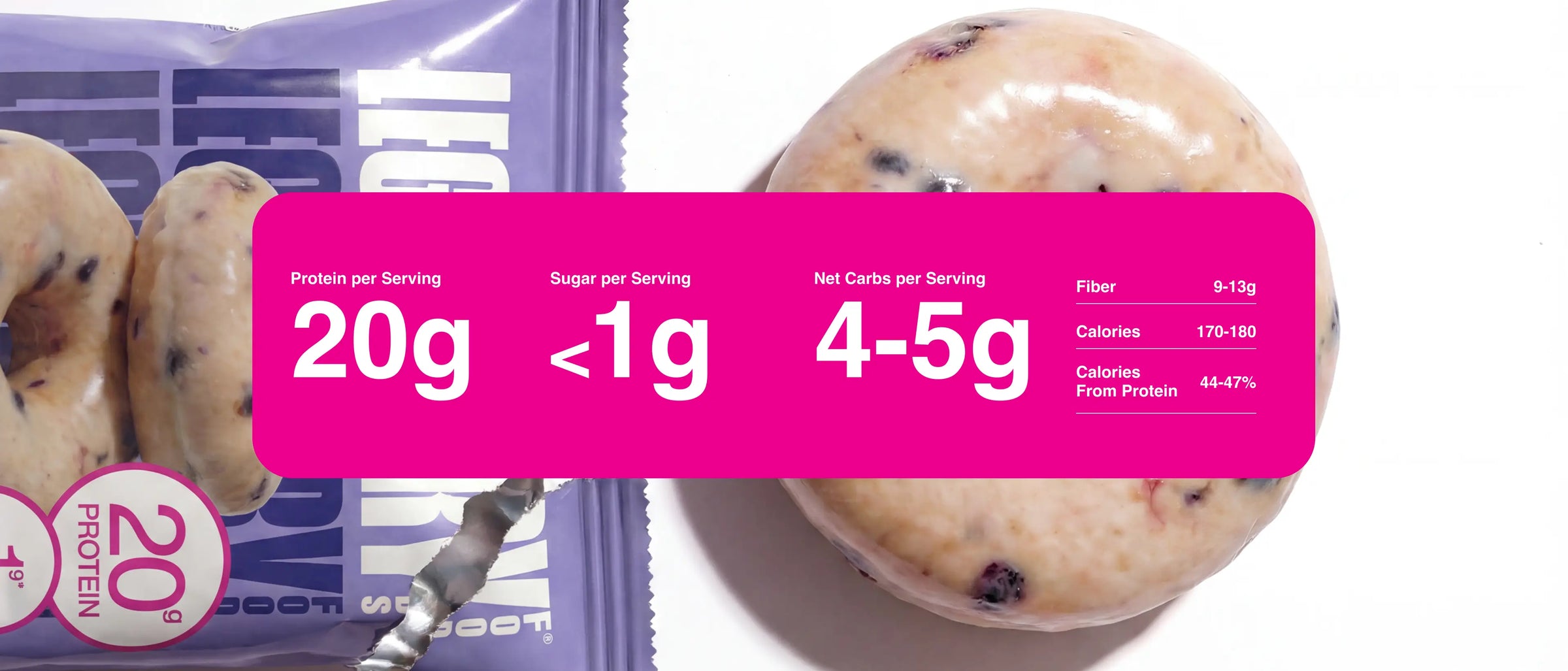 Nutrition facts snapshot of the Berry Bundle in a magenta box on top of a blueberry protein donut and its wrapper