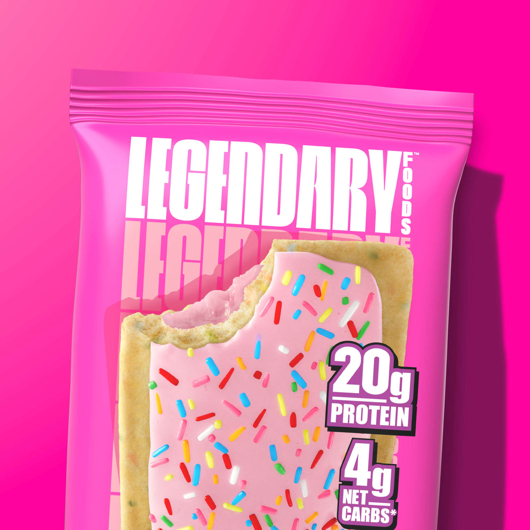 Birthday Cake Legendary Protein Pastry pack with pink icing and colorful sprinkles, 20g protein, 4g net carbs.