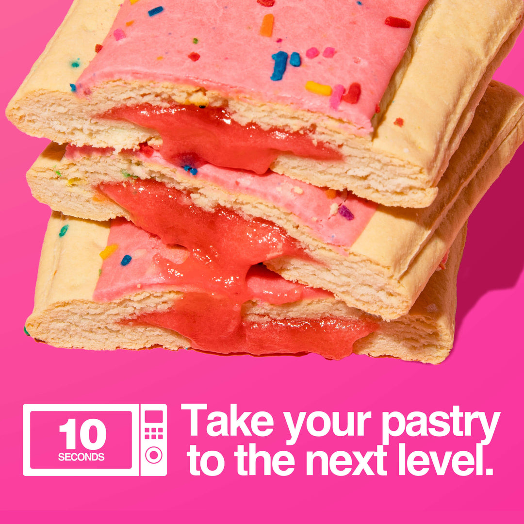 Stack of birthday cake pastries showing melted filling with microwave instruction "10 seconds."