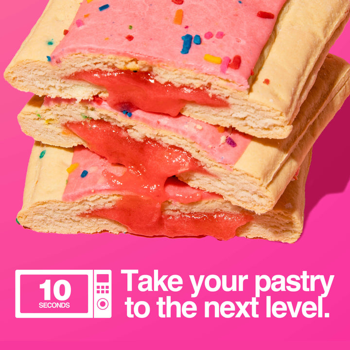 Stack of birthday cake pastries showing melted filling with microwave instruction "10 seconds."
