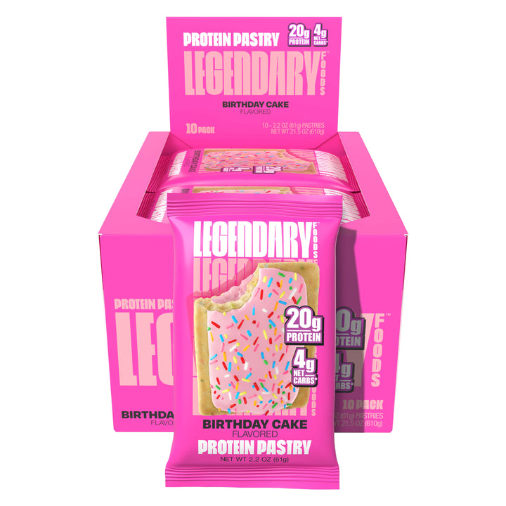 Display box and single pack of Birthday Cake Protein Pastry by Legendary Foods.