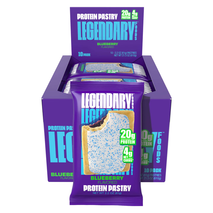 Box of Legendary Foods Blueberry Protein Pastries, each with 20g protein and 4g net carbs.