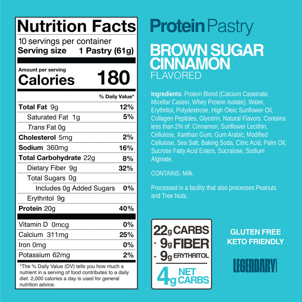 Brown Sugar Cinnamon Protein Pastry featuring 20g protein and 4g net carbs. Nutrition facts and full ingredient list shown.