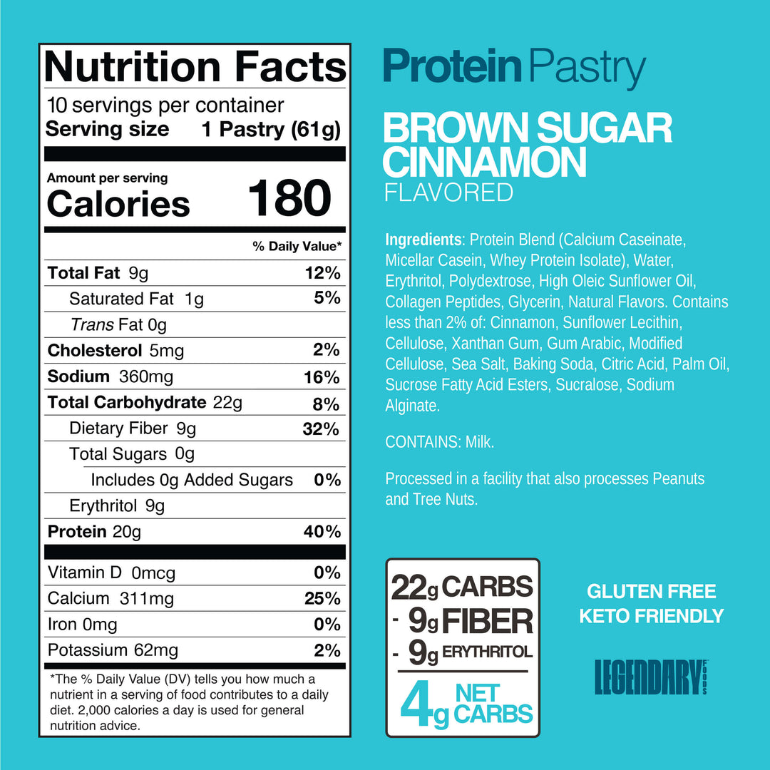 Brown Sugar Cinnamon Protein Pastry featuring 20g protein and 4g net carbs. Nutrition facts and full ingredient list shown.