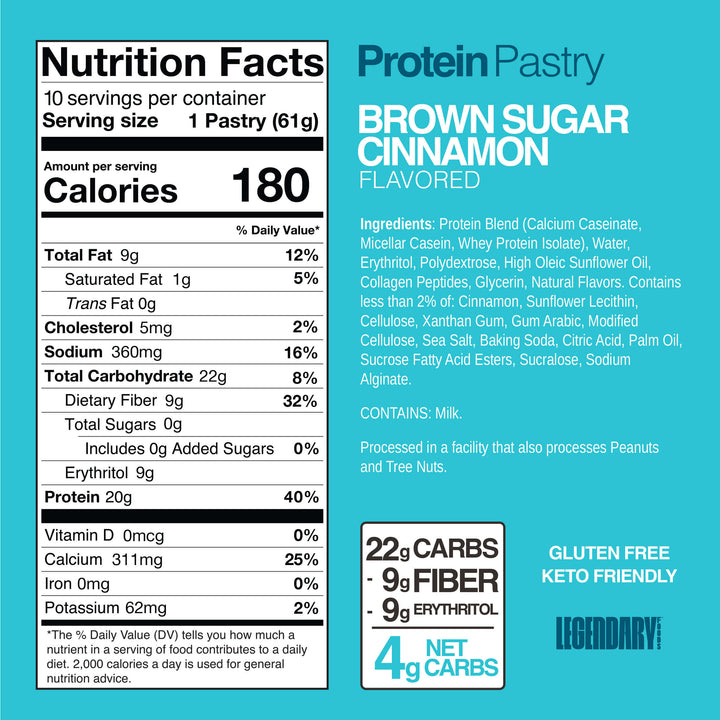 Brown Sugar Cinnamon Protein Pastry featuring 20g protein and 4g net carbs. Nutrition facts and full ingredient list shown.