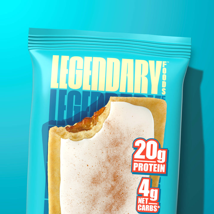 Brown Sugar Cinnamon Protein Pastry package with white icing and cinnamon dusting, 20g protein, 4g net carbs.