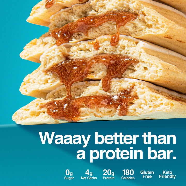 Stack of Brown Sugar Cinnamon pastries showing gooey cinnamon filling, labeled "Waaay better than a protein bar."