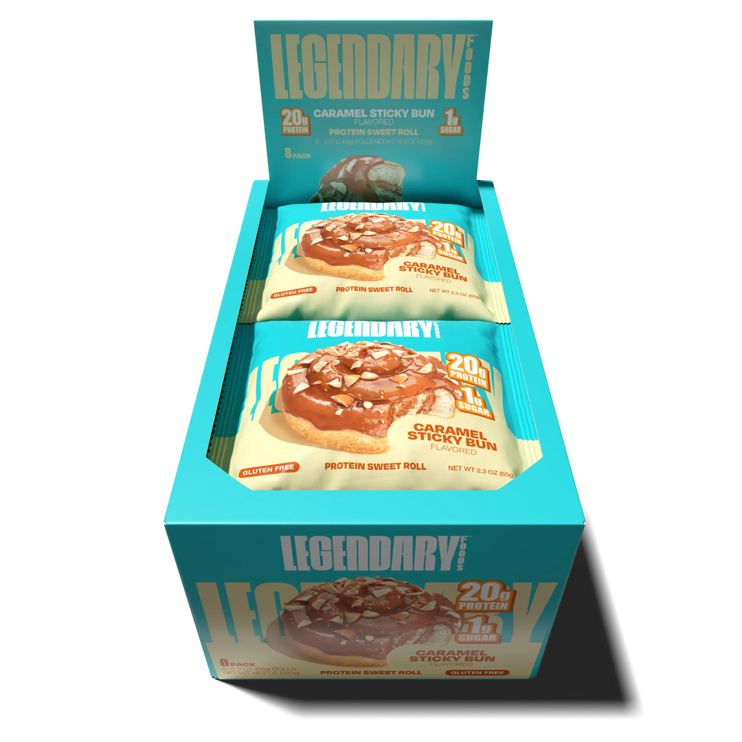 Top down view of an open box of Legendary Foods Caramel Sticky Bun Protein Sweet Roll 