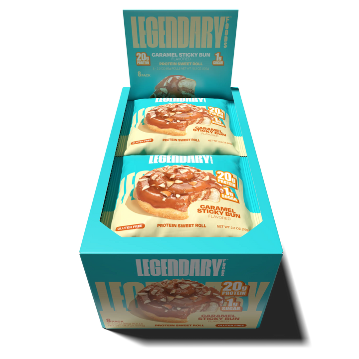 Top down view of an open box of Legendary Foods Caramel Sticky Bun Protein Sweet Roll 