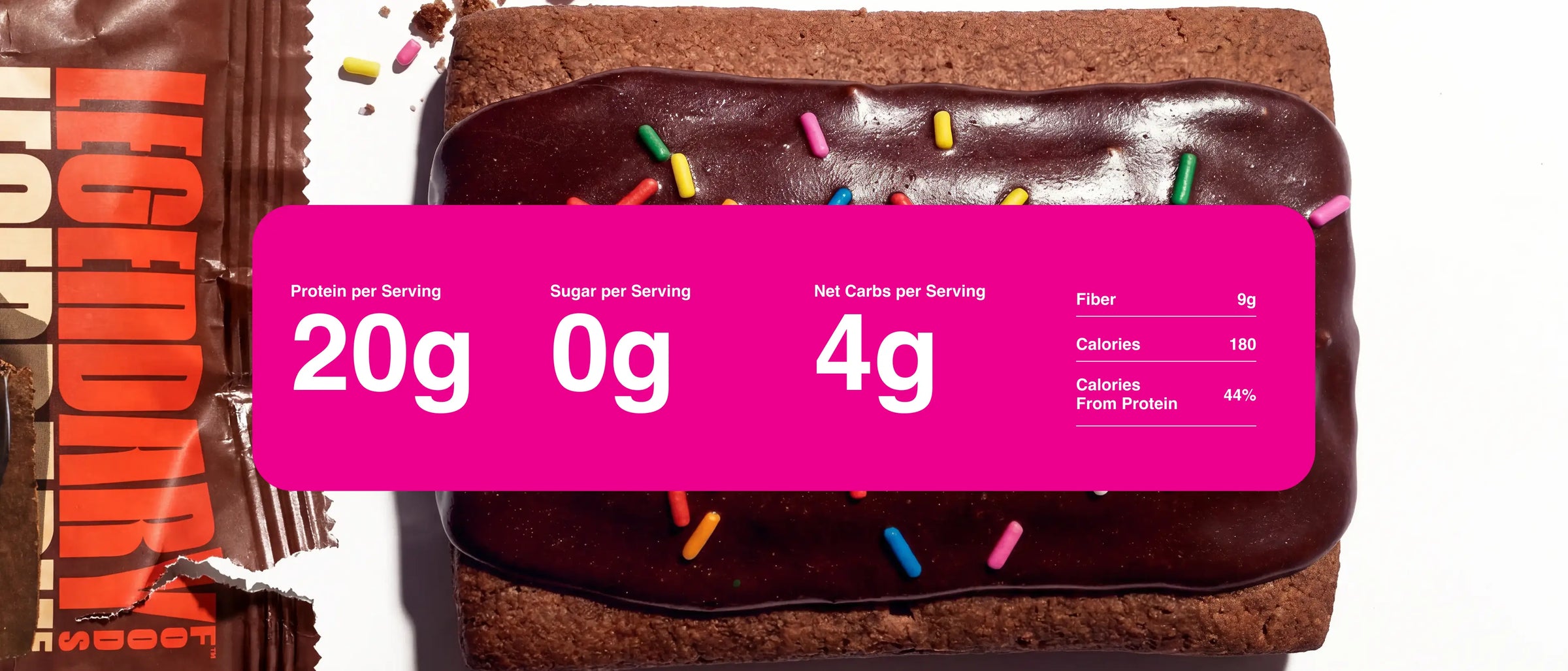 Zoomed in product photography with nutrition information for the Chocolate Cake Protein Pastry