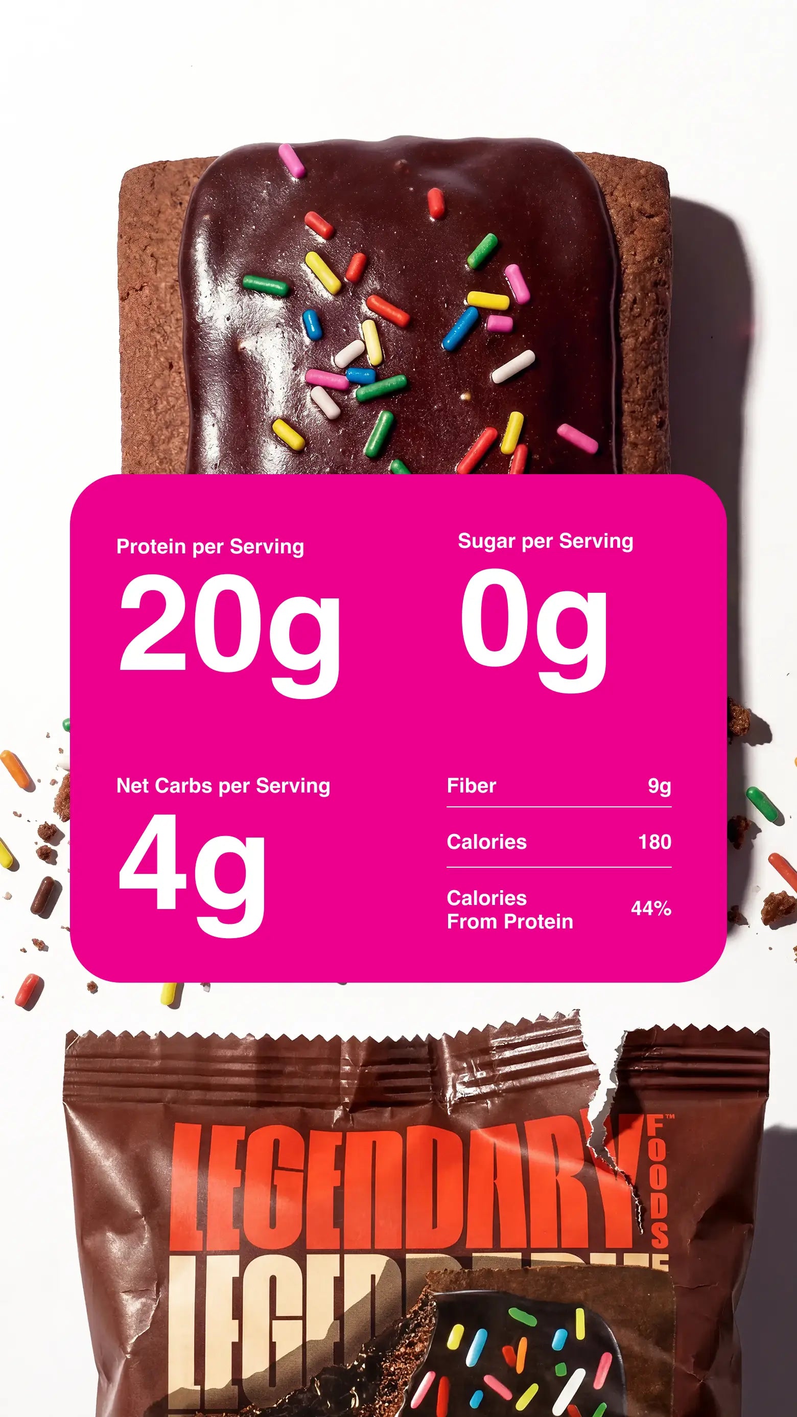 Zoomed in product photography with nutrition information for the Chocolate Cake Protein Pastry