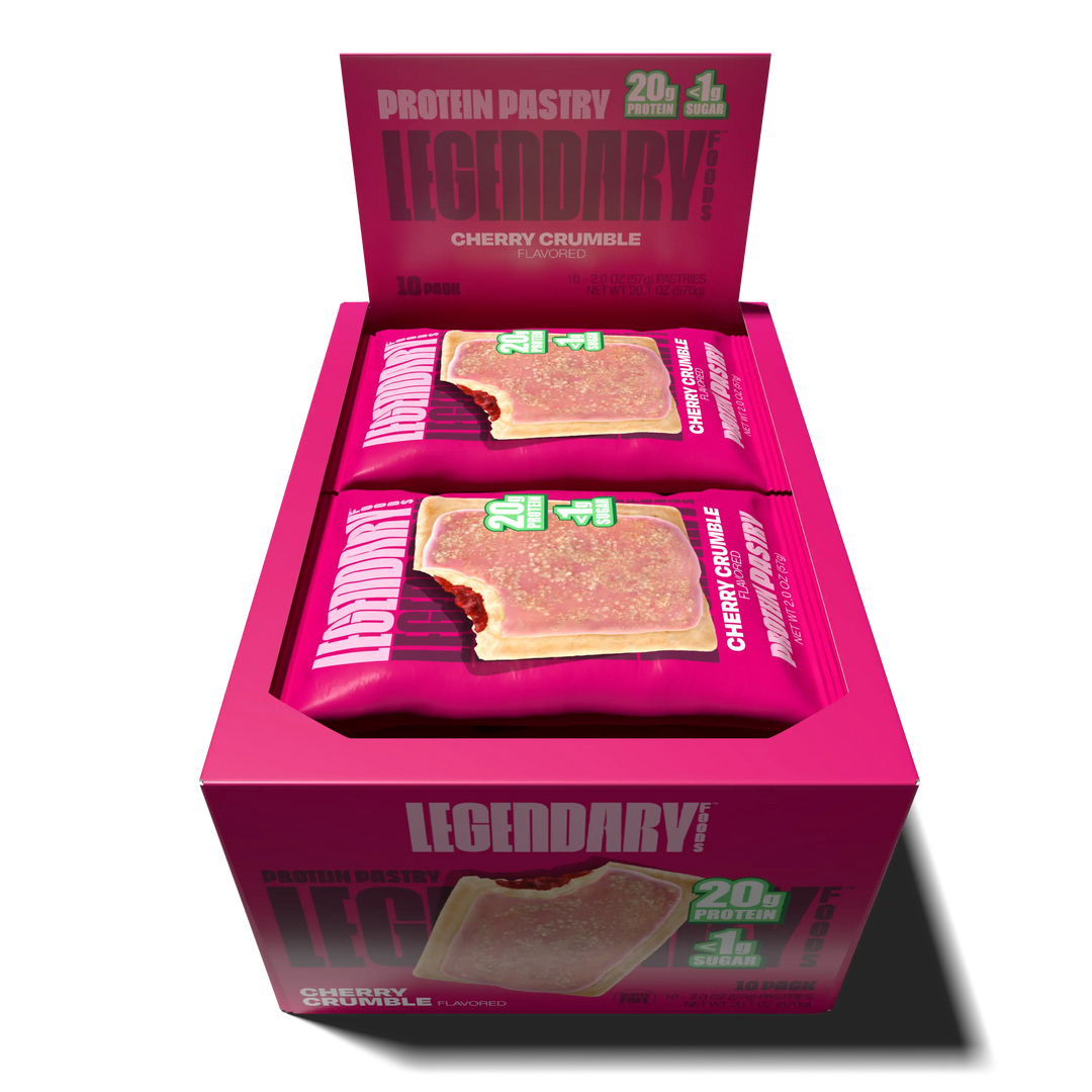 Top down view of an open box of Legendary Foods Cherry Crumble Protein Pastries 