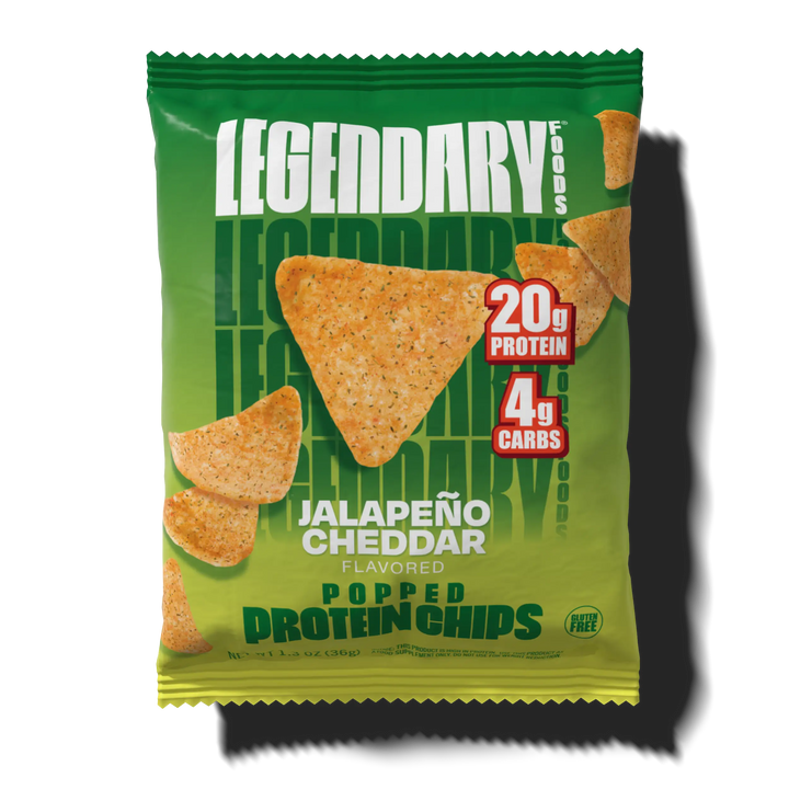 Package of jalapeno cheddar popped protein chips
