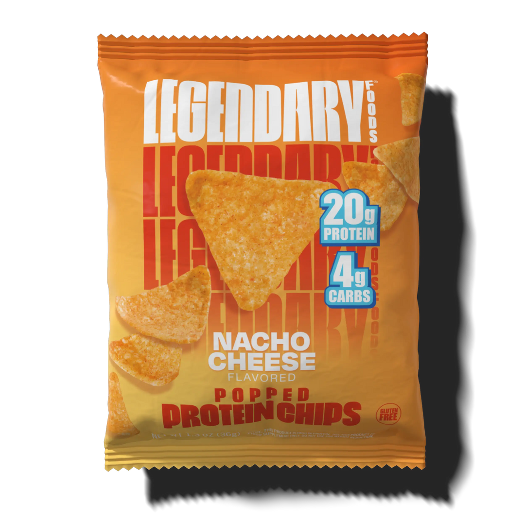 Package of nacho cheese popped protein chips