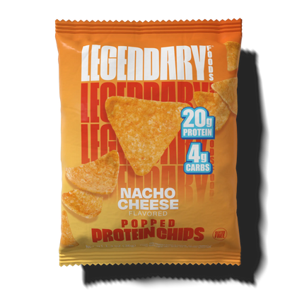 Package of nacho cheese popped protein chips