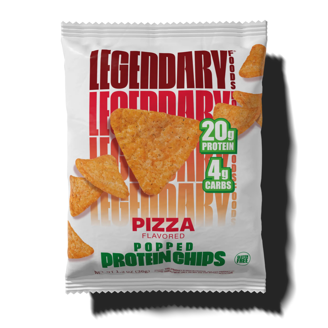 Package of pizza popped protein chips