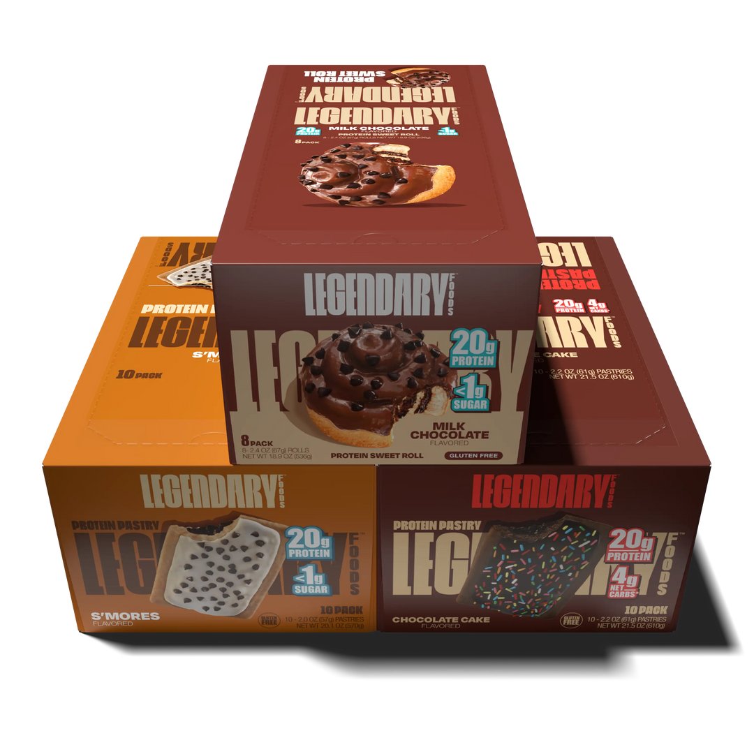 Bundle of Legendary Foods products - including a box of chocolate cake and s'mores protein pasties and milk chocolate protein sweet rolls
