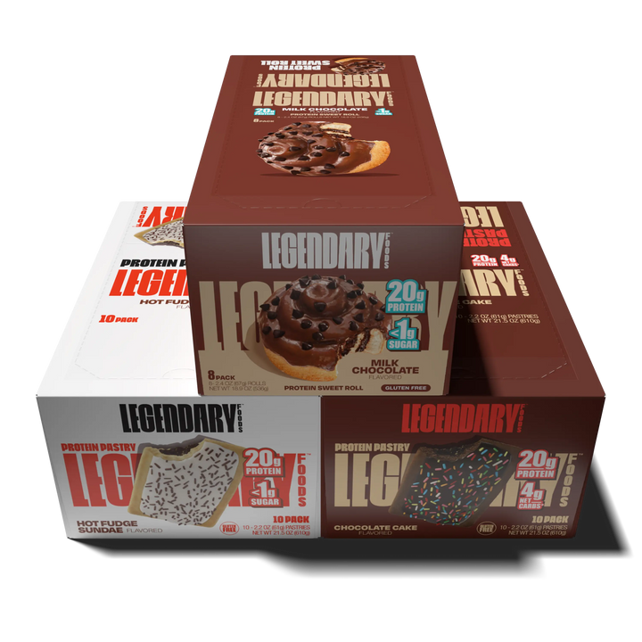 Bundle of Legendary Foods products - including a box of hot fudge sundae and chocolate cake protein pastries and milk chocolate protein sweet rolls