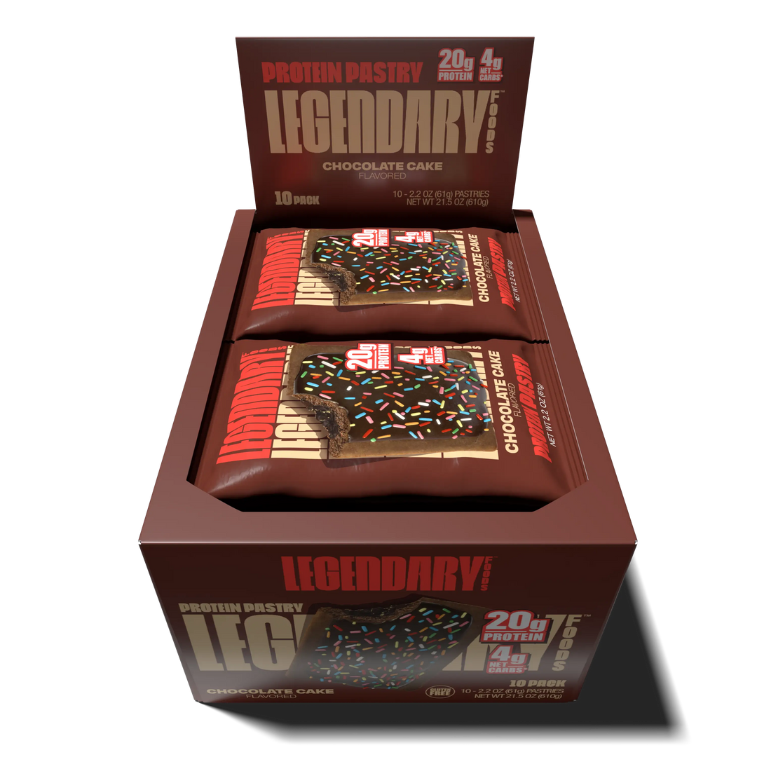 Top down view of an open box of Legendary Foods Chocolate Cake Protein Pastries 