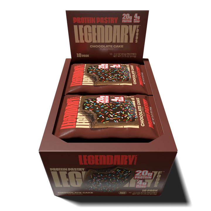 Top down view of an open box of Legendary Foods Chocolate Cake Protein Pastries 