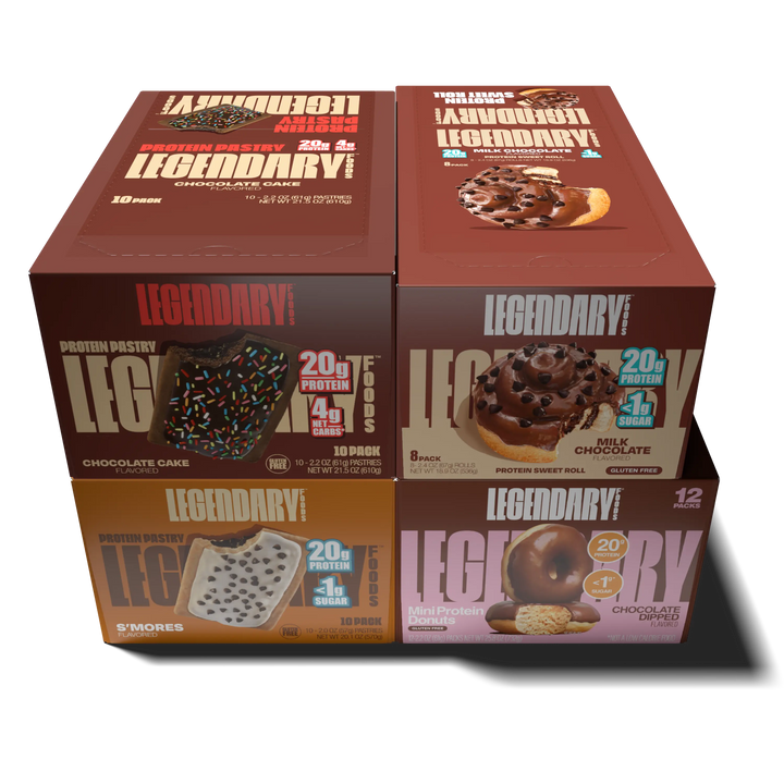 Bundle of Legendary Foods products - including a box of chocolate cake and s'mores protein pastries, milk chocolate sweet rolls, and chocolate dipped protein donuts