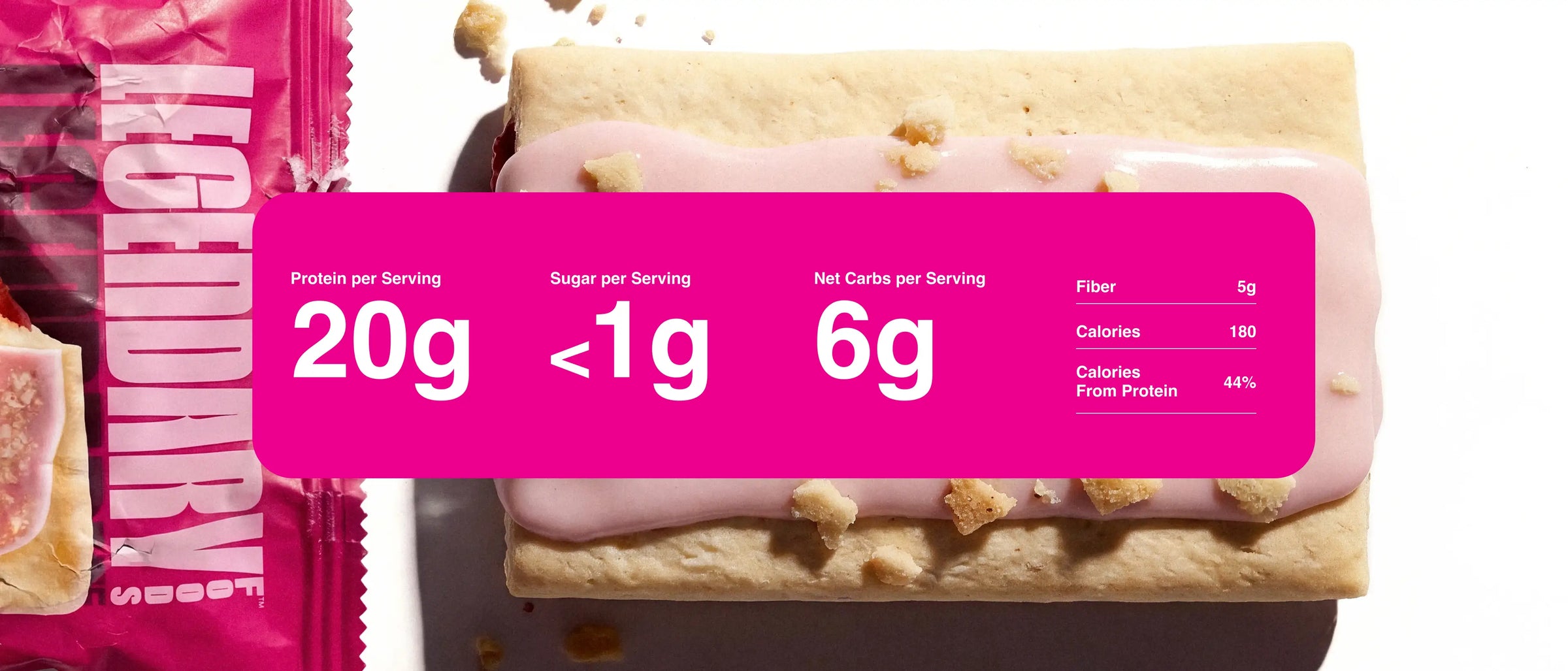 Zoomed in product photography with nutrition information for the Cherry Crumble Protein Pastry