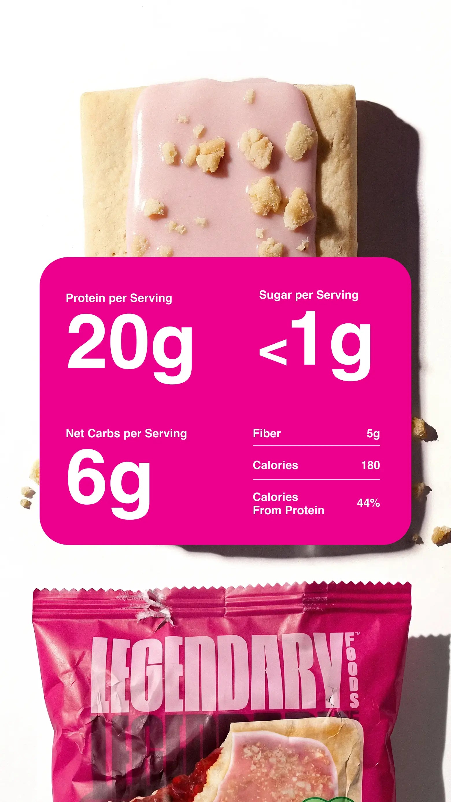 Zoomed in product photography with nutrition information for the Cherry Crumble Protein Pastry