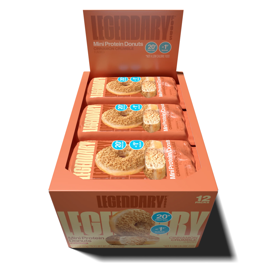 Top down view of an open box of Legendary Foods Cinnamon Crumble Mini Protein Donuts