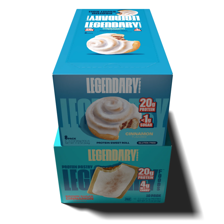 Bundle of Legendary Foods products - including a box of cinnamon protein sweet rolls and brown sugar cinnamon protein pastries