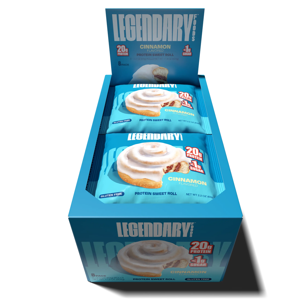 Top down view of an open box of Legendary Foods Cinnamon Protein Sweet Roll 