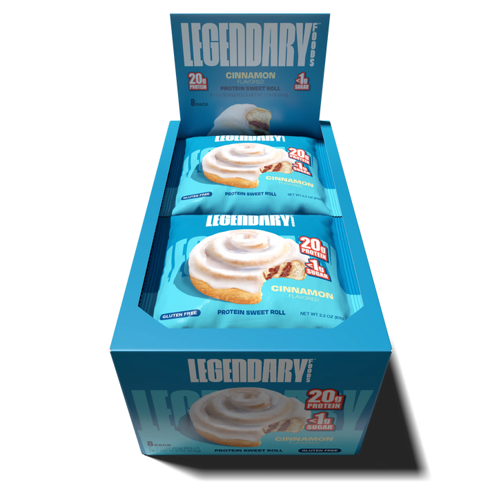 Top down view of an open box of Legendary Foods Cinnamon Protein Sweet Roll 