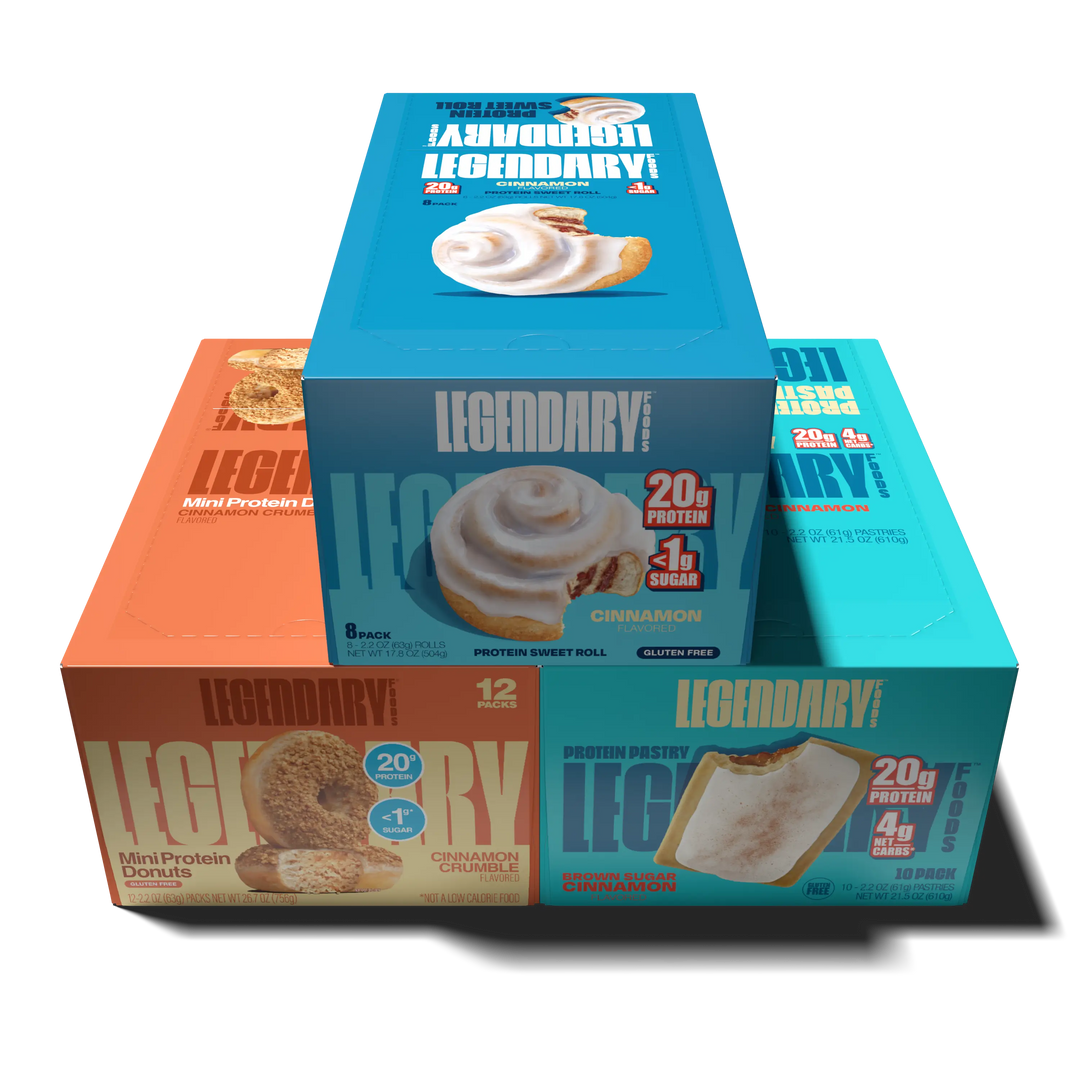 Bundle of Legendary Foods products - including a box of cinnamon protein sweet rolls, brown sugar cinnamon protein pastries, and cinnamon crumble protein donuts
