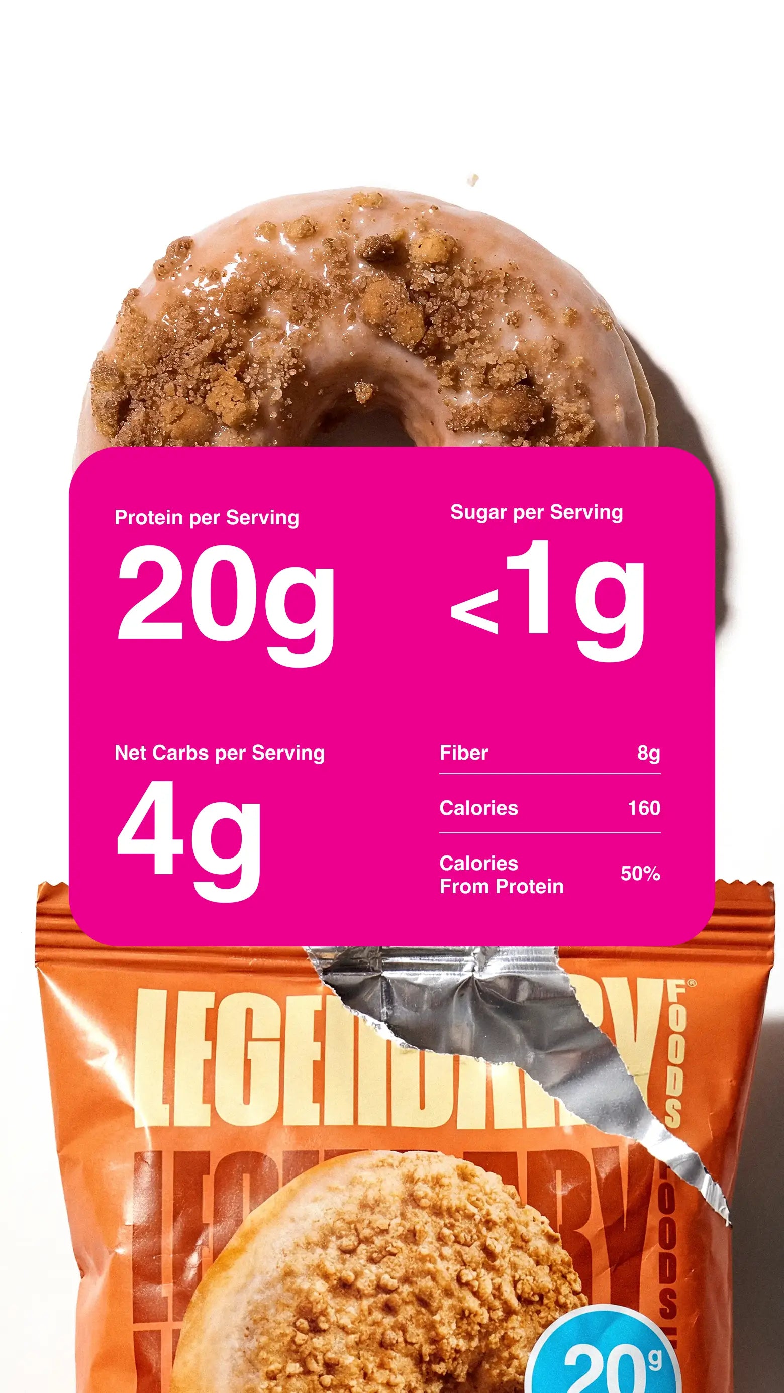 Zoomed in product photography with nutrition information for the Cinnamon Crumble Donut