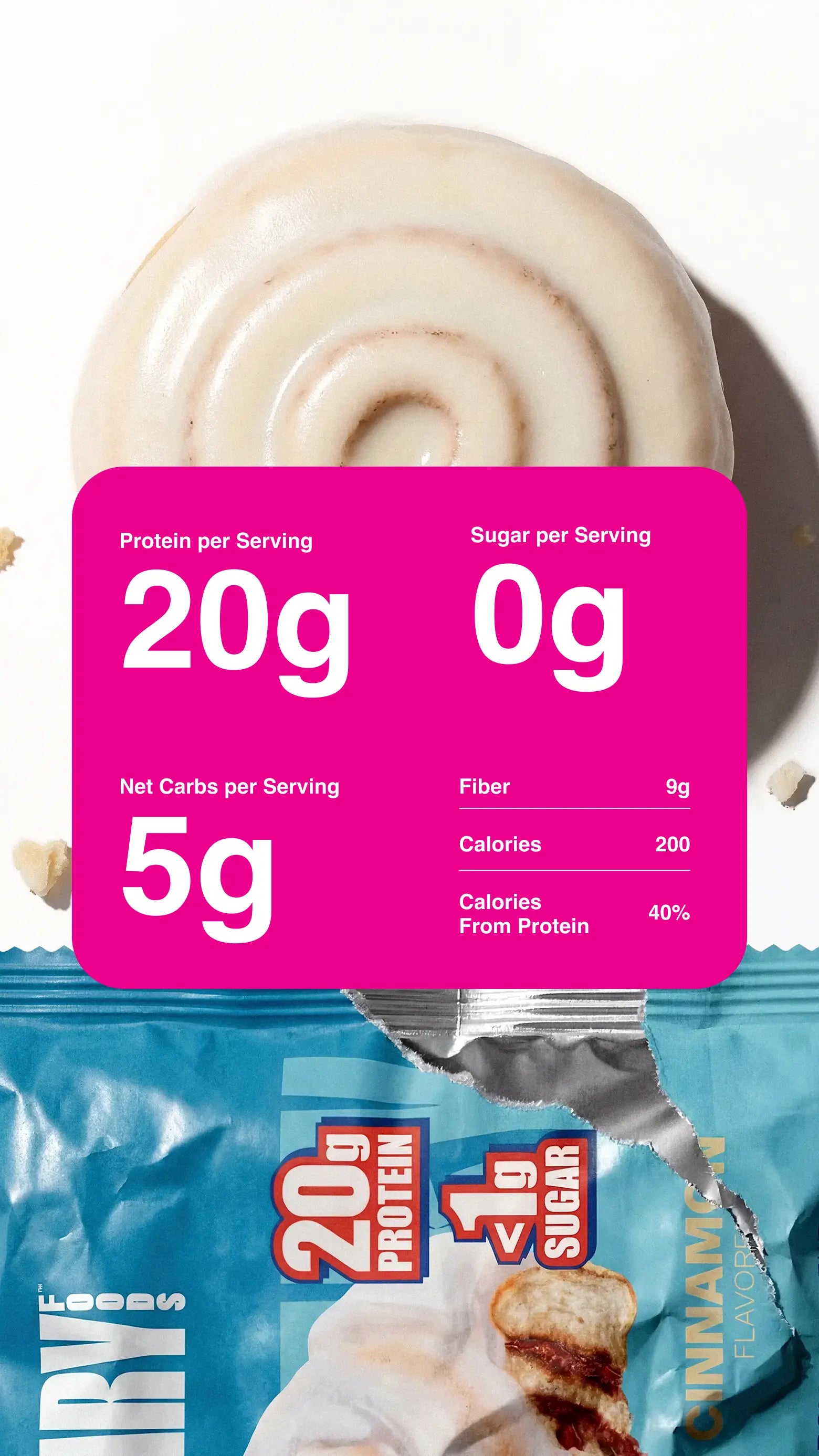 Zoomed in product photography with nutrition information for the Cinnamon Protein Sweet Roll