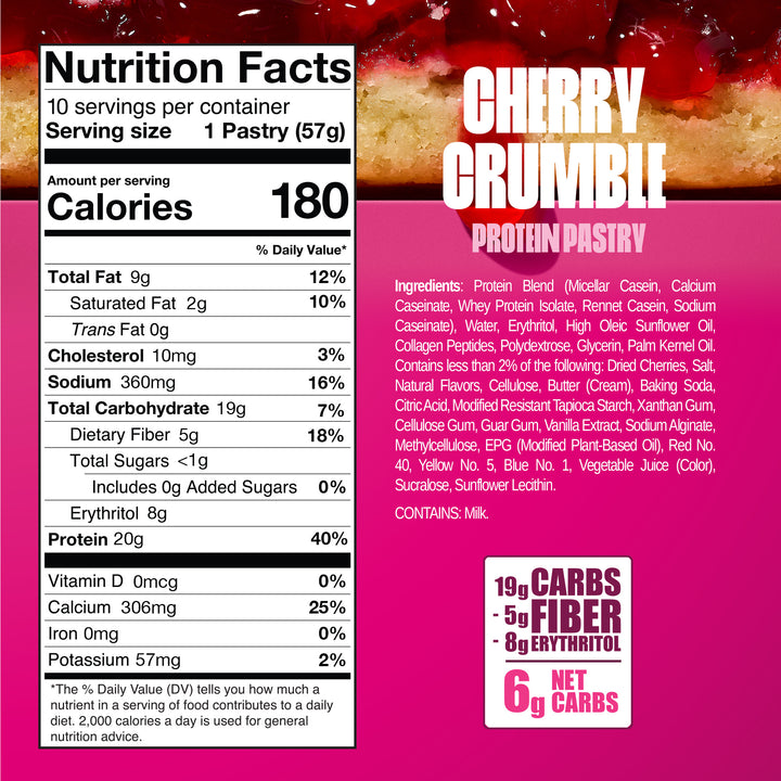 Cherry Crumble protein pastry nutrition facts and ingredients. 180 calories, 20g protein, <1g sugar, gluten-free, keto-friendly.