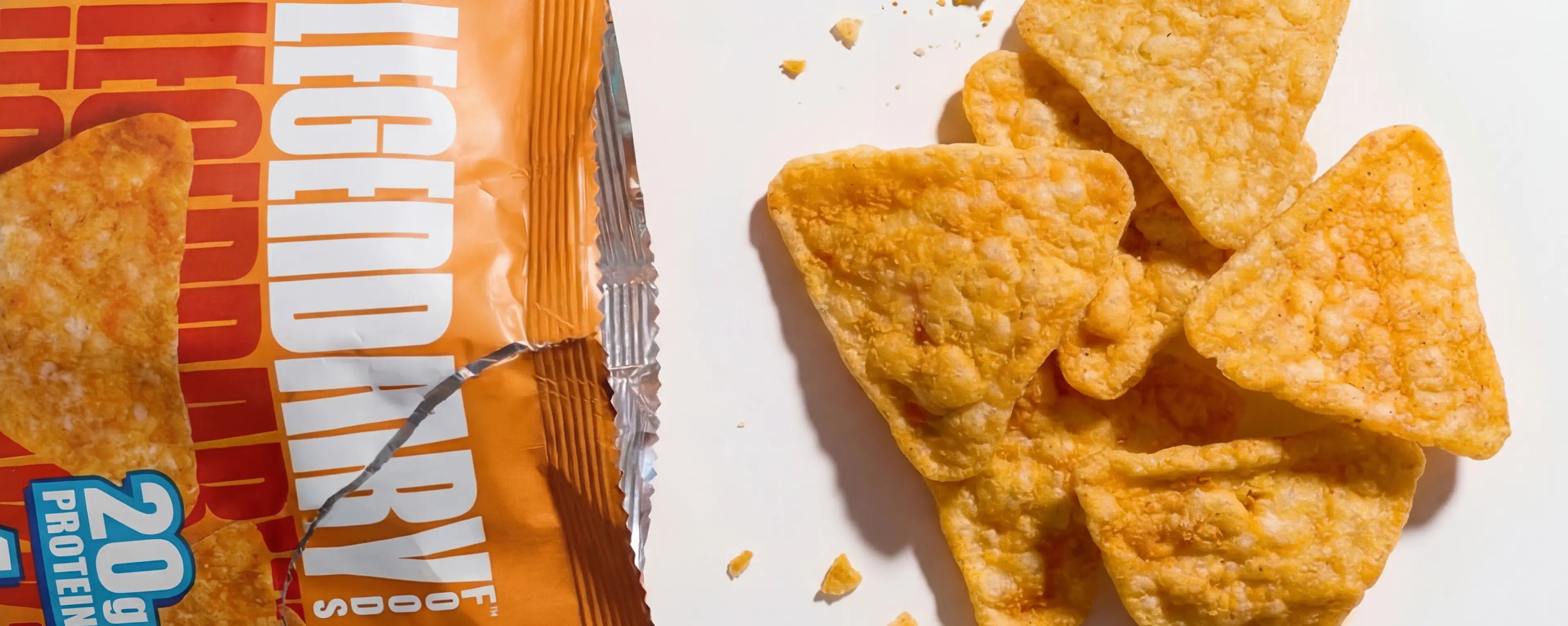 Zoomed in photo of nacho cheese protein chips