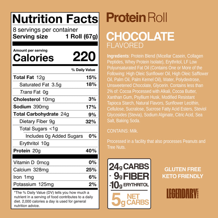 Chocolate Protein Roll nutrition facts and ingredients. Text: "5g Net Carbs, Gluten Free, Keto Friendly."