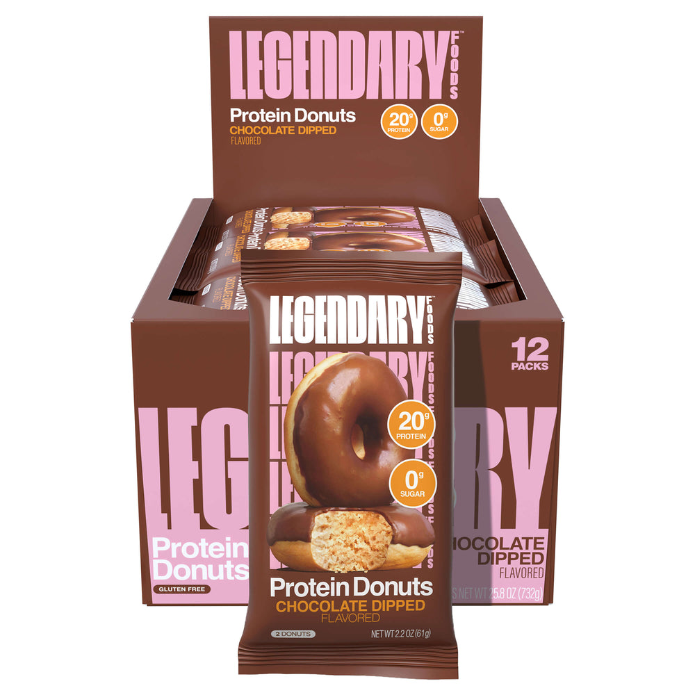 Box of Legendary Foods Chocolate Dipped Protein Donuts with one single-serve pouch displayed in front.