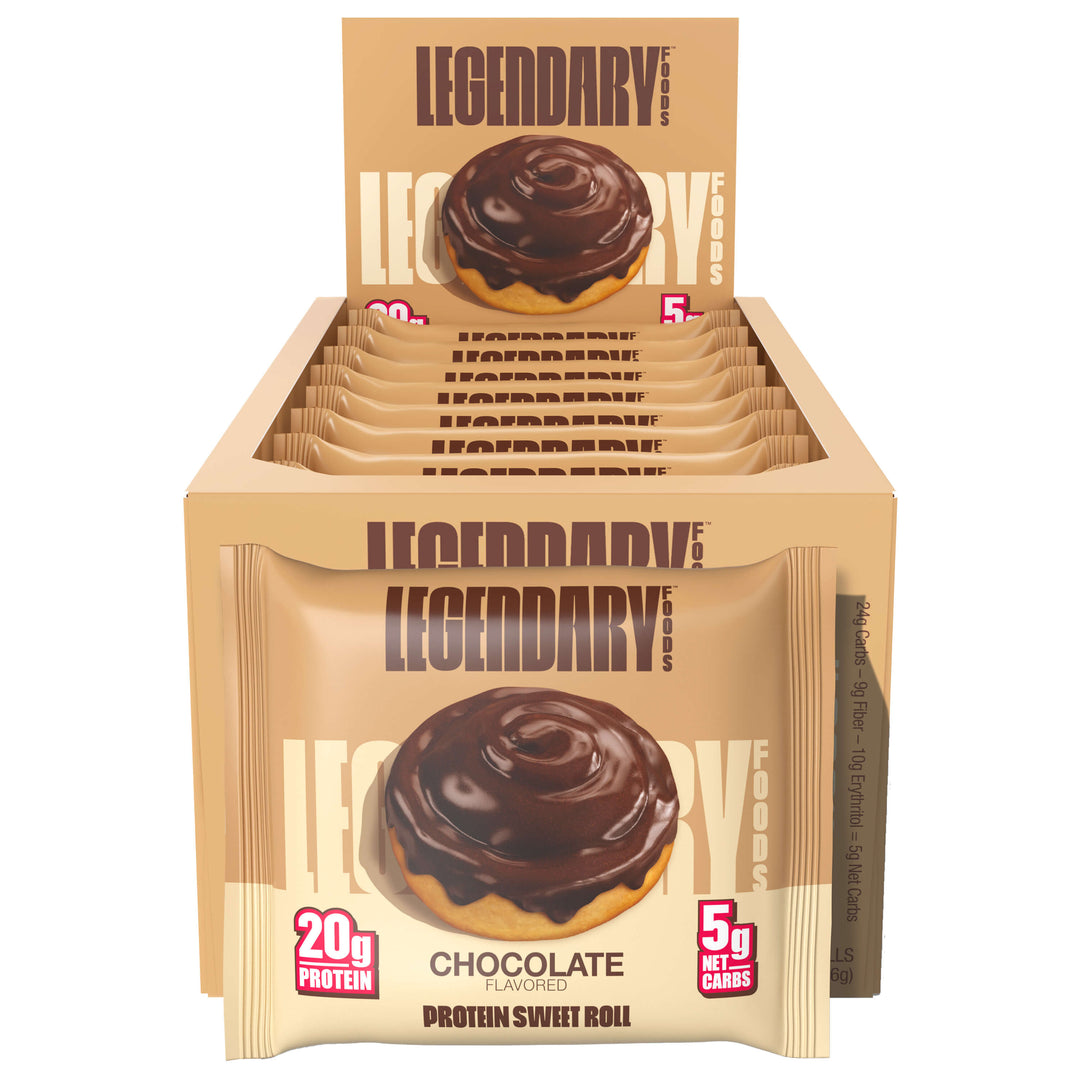 Chocolate Protein Sweet Rolls displayed in retail box. Text: "20g Protein, 5g Net Carbs."