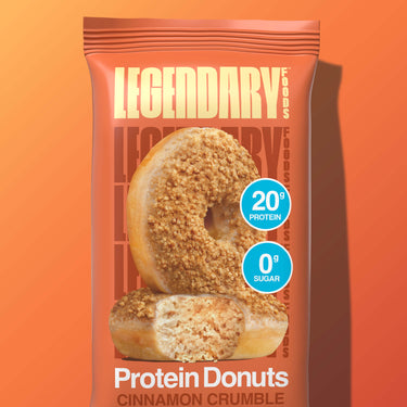 Close-up of Legendary Cinnamon Crumble Protein Donuts pouch with donut image and callouts for 20g protein and 0g sugar.