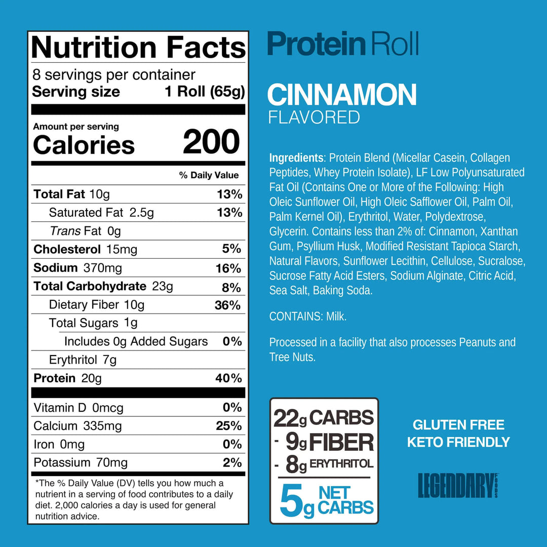 Cinnamon Protein Roll nutrition facts and ingredients. Text: "5g Net Carbs, Gluten Free, Keto Friendly."
