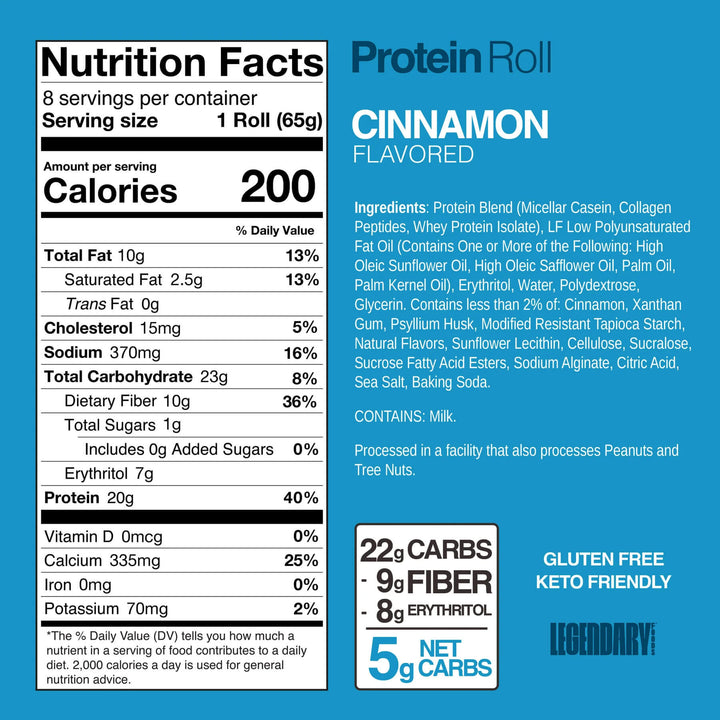 Cinnamon Protein Roll nutrition facts and ingredients. Text: "5g Net Carbs, Gluten Free, Keto Friendly."