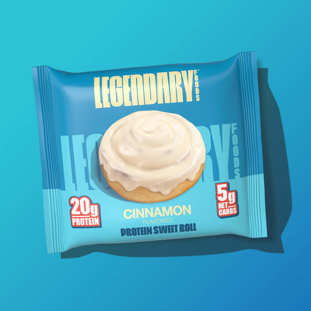 Packaged Cinnamon Protein Sweet Roll with white icing. Text: "20g Protein, 5g Net Carbs."