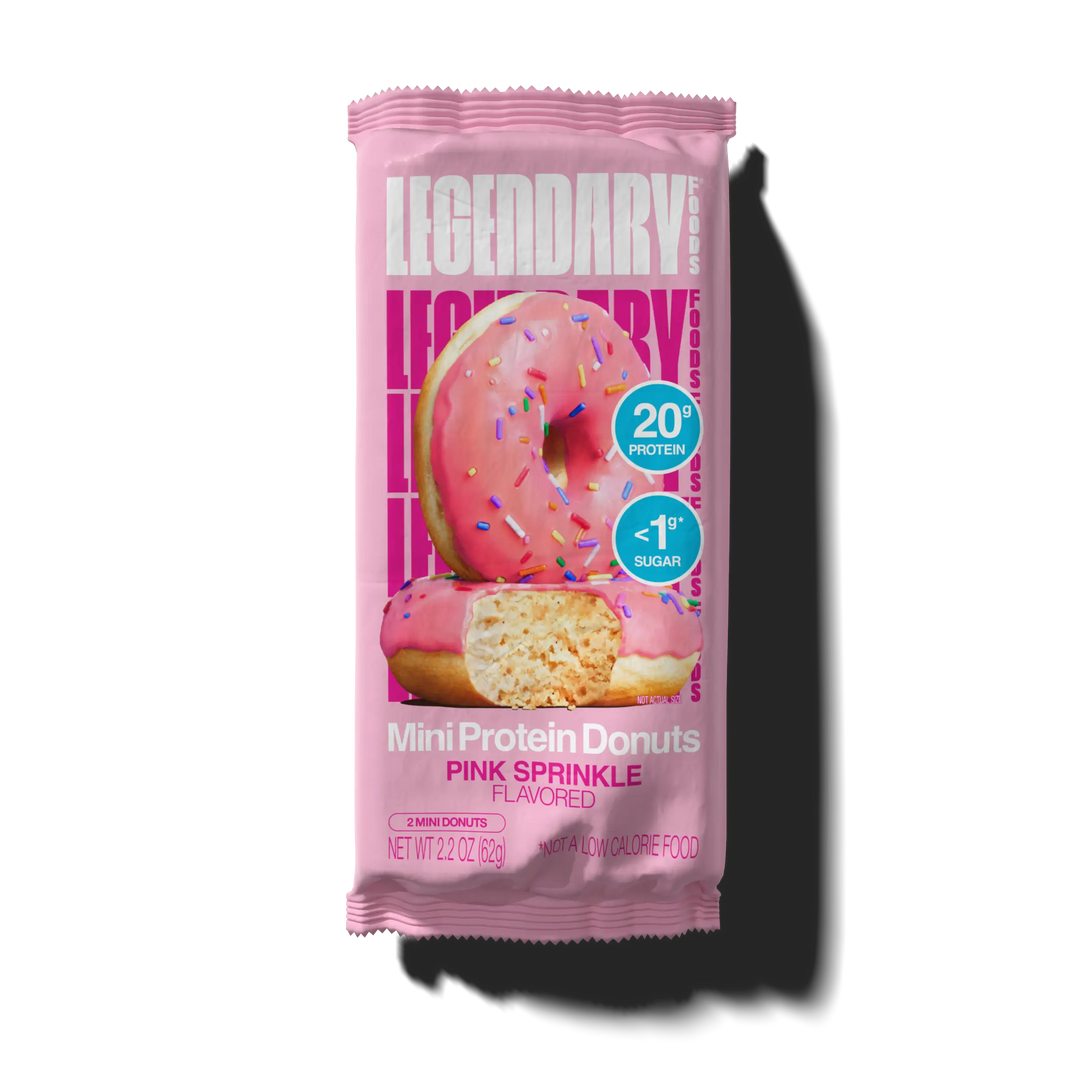 Package of pink sprinkle mini protein donuts