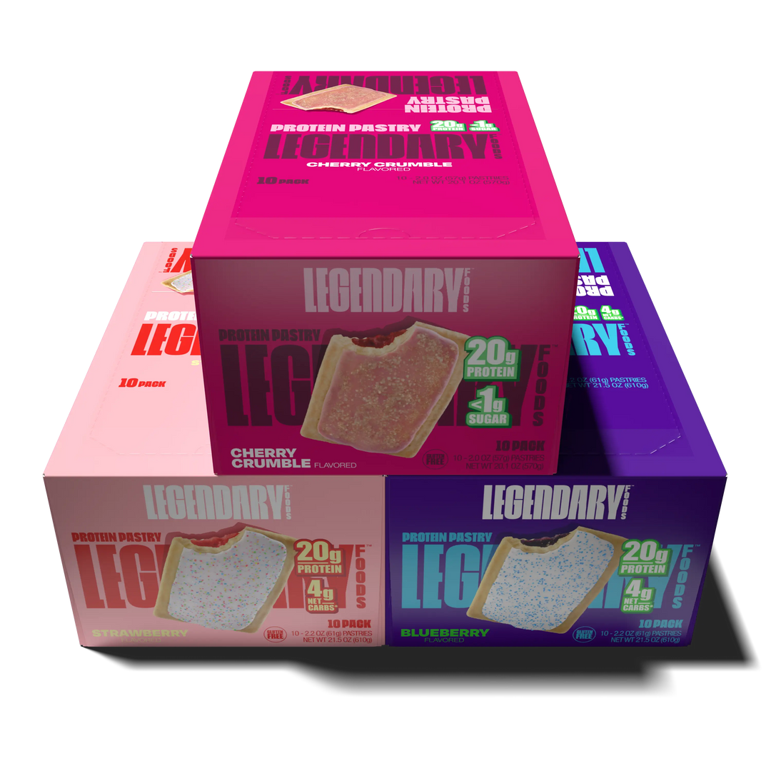 Bundle of Legendary Foods products - including a box of strawberry, blueberry, and cherry crumble protein pastries