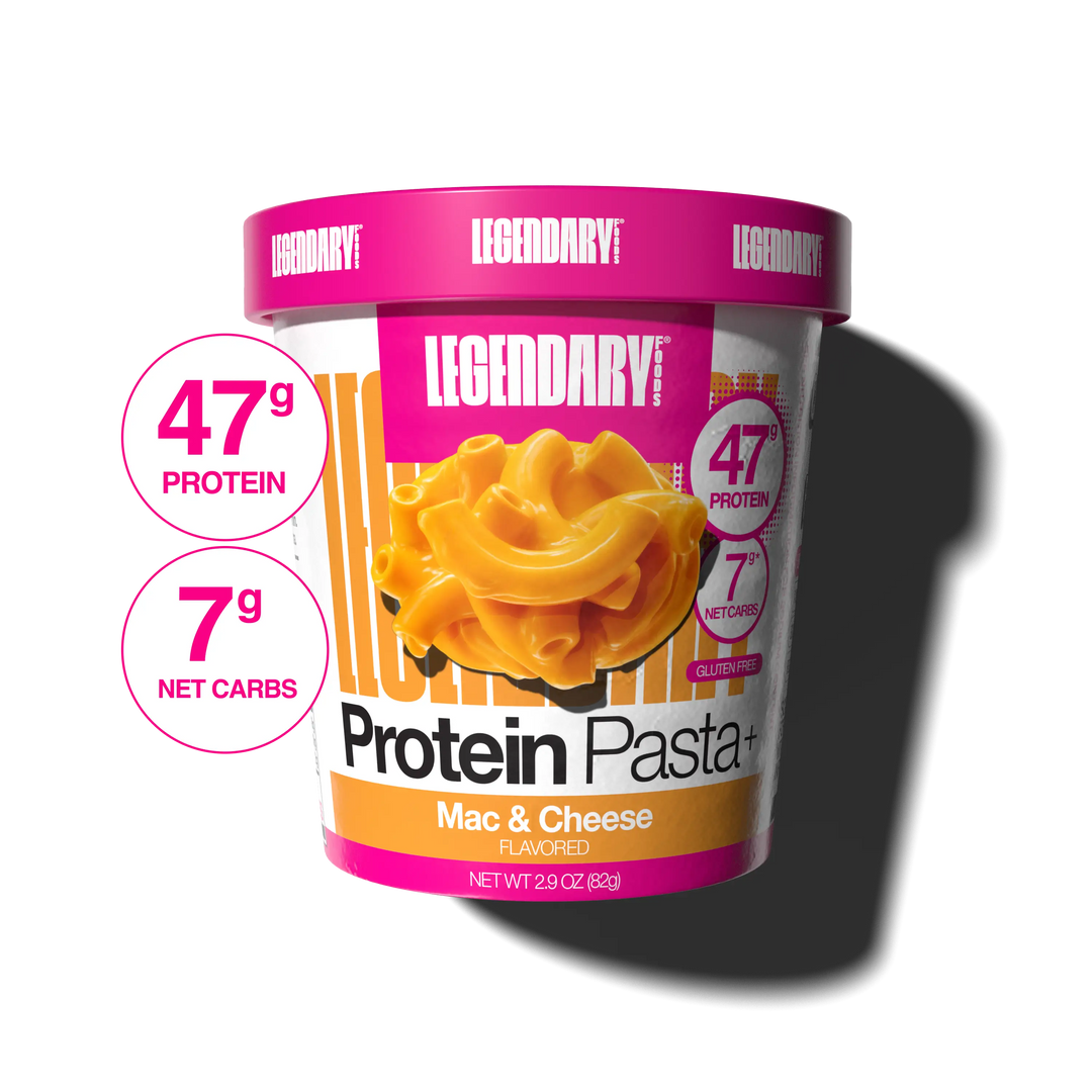 Cup of Legendary Foods Protein Pasta Plus with 47g Protein and 7g Net Carb callouts