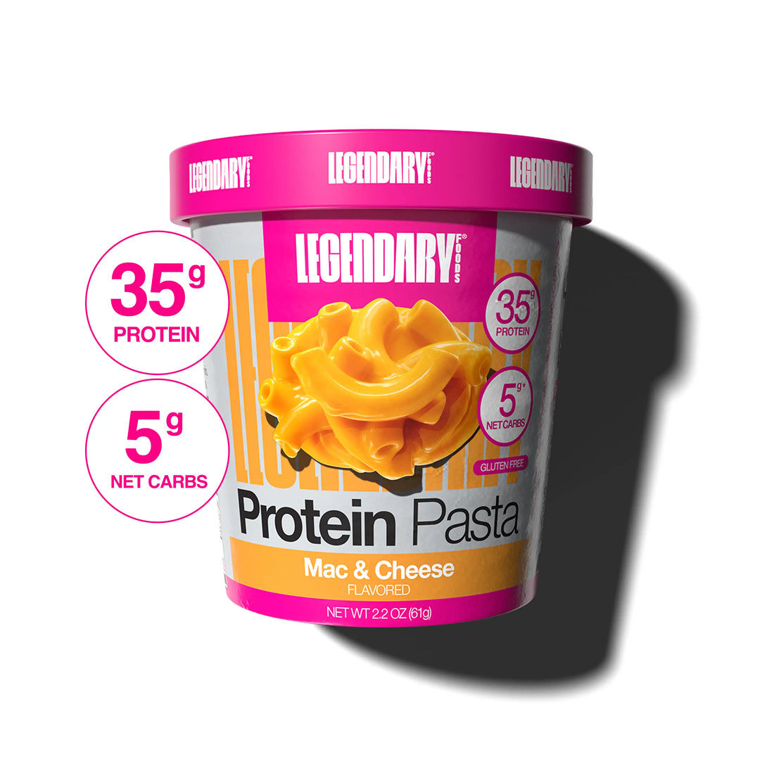 Cup of Legendary Foods Protein Pasta with 35g Protein and 5g Net Carb callouts